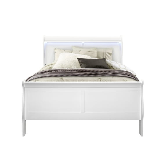 Charleston White Full Sleigh Bed with LED - Modern Rubber Wood & MDF Frame, 56"W x 84"L, Perfect for Bedroom Decor & Sleep Sanctuary