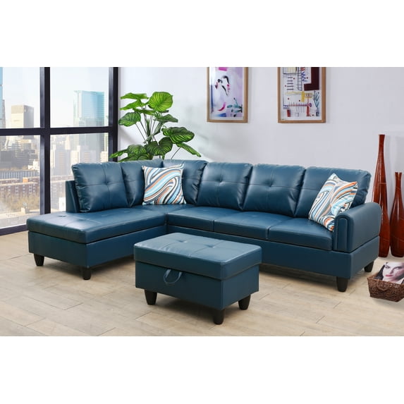 Charley97" Wide 3 Pieces Faux Letter Left Facing Sofa Set With Ottoman