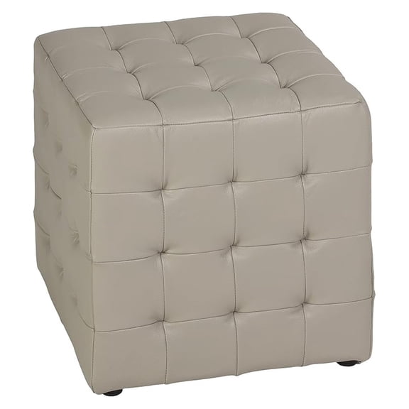 Charli Tufted Cube Ottoman in 100% Genuine Leather, Light Grey