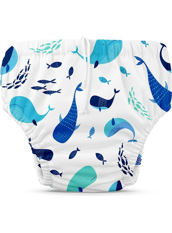 Charlie Banana Reusable Washable Swim Diaper, Adjustable Drawstring for Baby Girls Boys, Soft and Snug Waterproof Fit to Prevent Leaks - The Whale on White, Size L ( lbs) The Whale on White Large ( Pound)