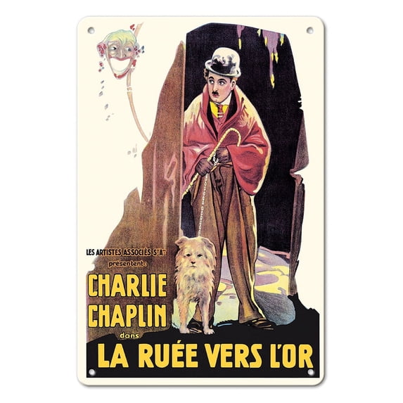 Charlie Chaplin in The Gold Rush (dans la Ruée Vers L’or) - Vintage French Film Movie Poster c.1921 - 8 x 12 inch Vintage Metal Tin Sign