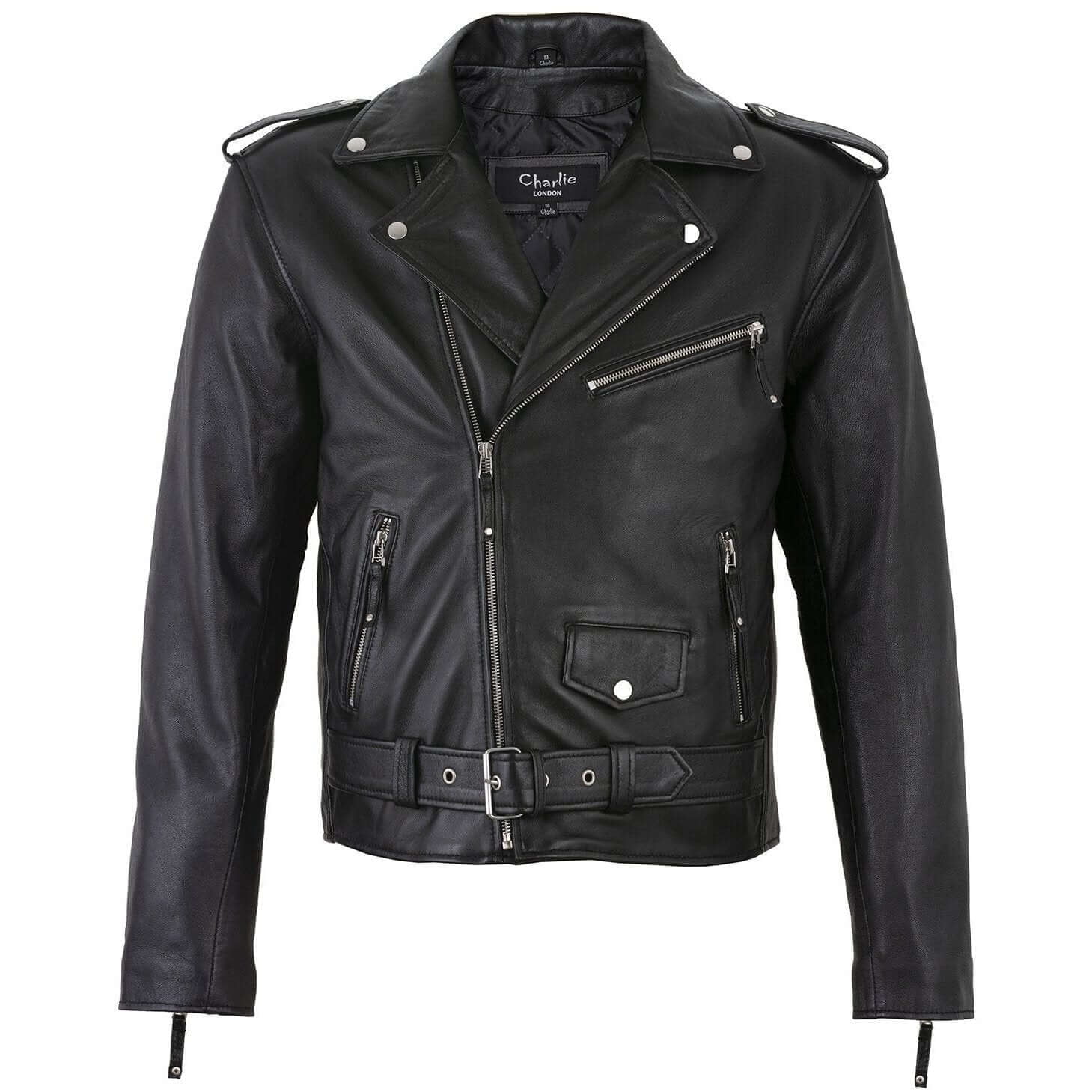 Charlie London Men's Belted Cross Zip Brando Biker Black Leather Jacket