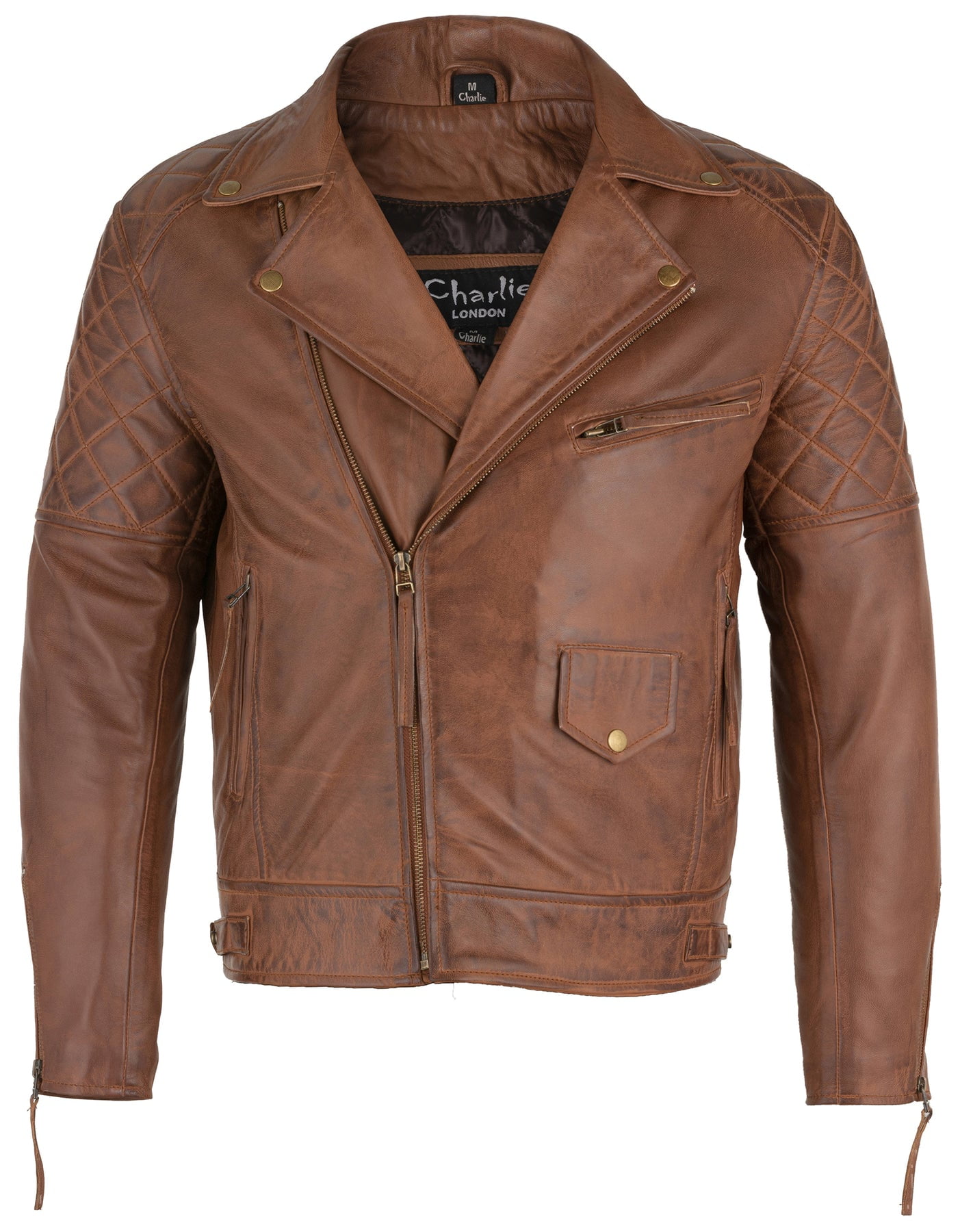 Charlie London Men's Diamond Biker Style Leather Biker Jacket - Main Image