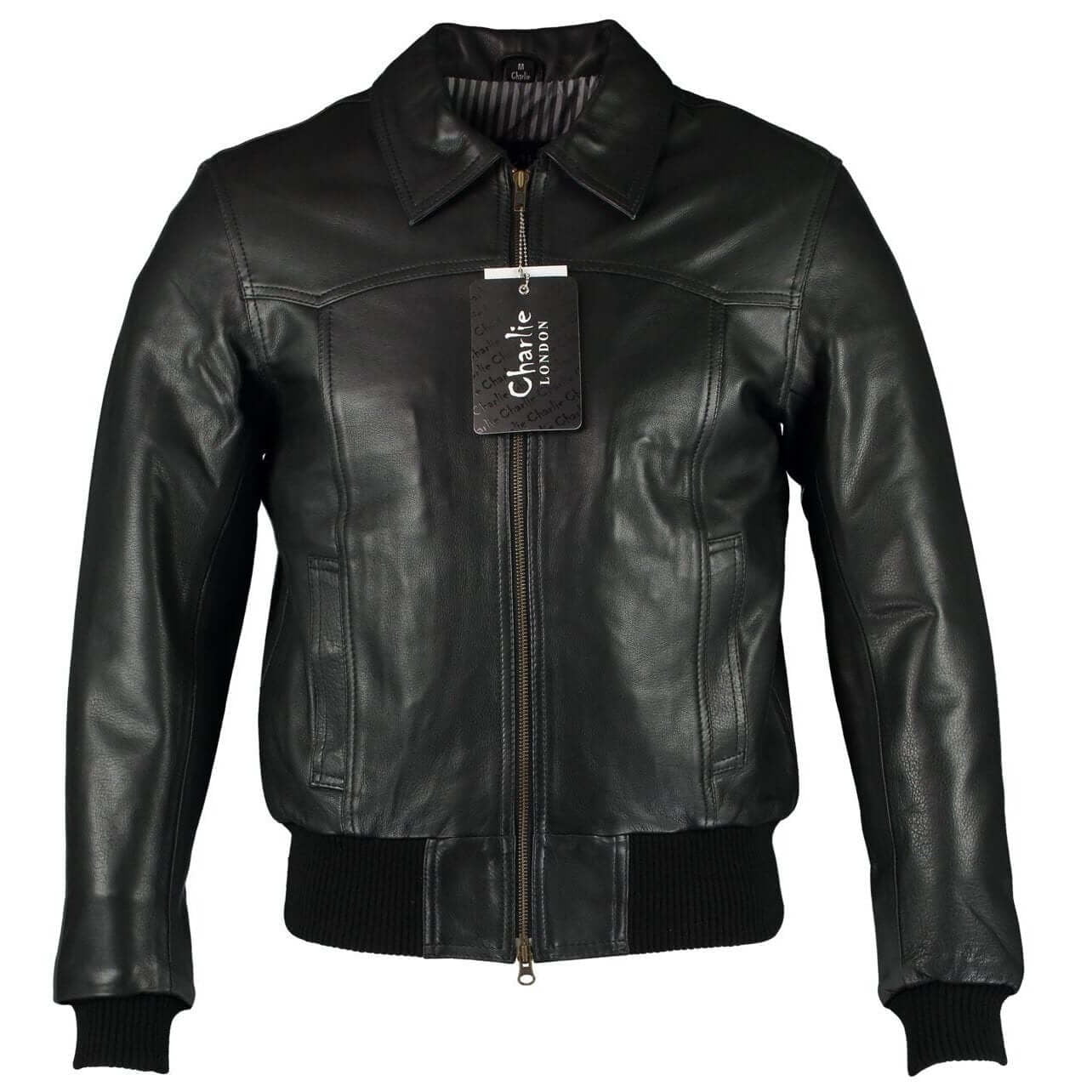 Charlie London The Deal Mens Black Leather Bomber Jacket, Long Sleeve
