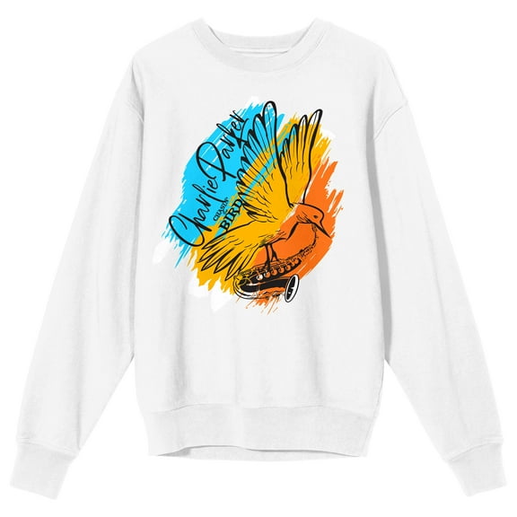 Charlie Parker Graffiti-Style Bird With Saxophone White Crew Neck Sweatshirt-Small