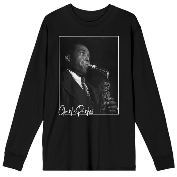 Charlie Parker Playing Saxaphone Adult Black Long Sleeve Tee-Medium