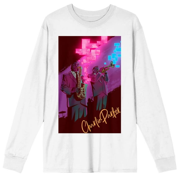 Charlie Parker Playing Saxophone Crew Neck Long Sleeve White Adult Tee-XL
