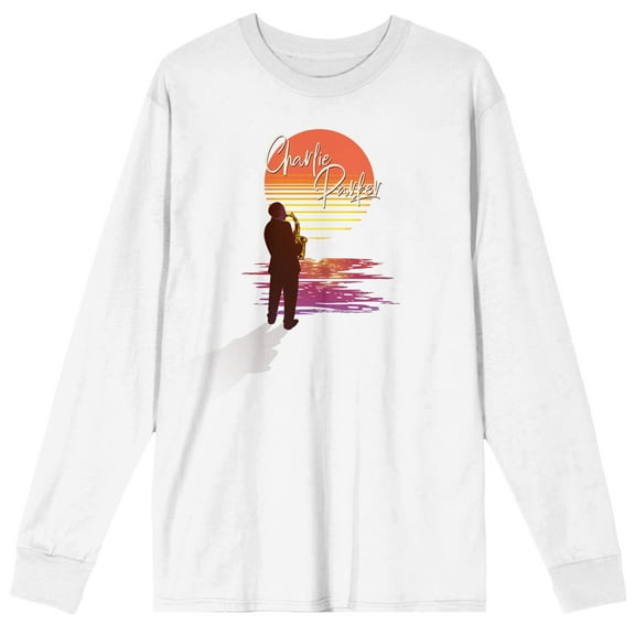 Charlie Parker Saxophone Sunset Crew Neck Long Sleeve White Adult Tee-Small