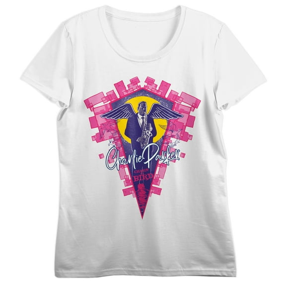 Charlie Parker with Angel Wings Women's White Tee with Short Sleeves and Crew Neck-3XL