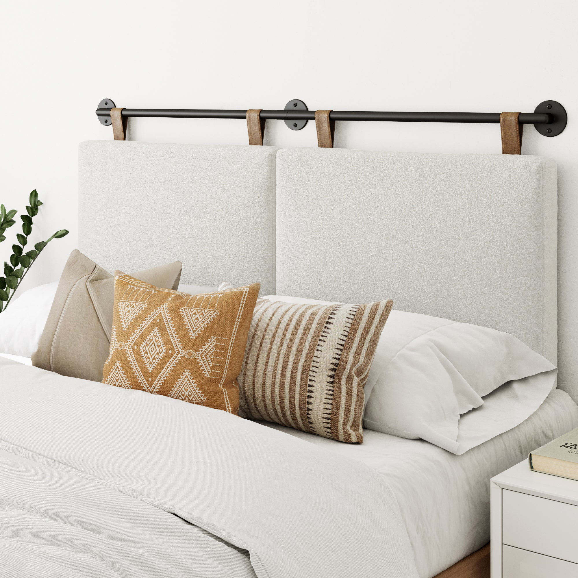 Tan Leather Hanging Headboard with Straps - Queen