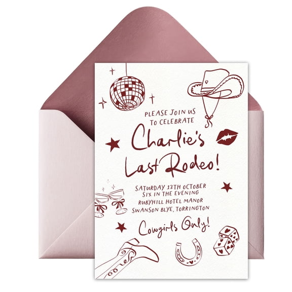 Charlie's Last Rodeo Invitation Card  Rustic Cowboy Theme  Celebrate in Style  Perfect for Farewell Parties  Complimentary Envelope Included