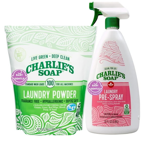 Charlie’s Soap Baby Variety Pack Pre Spray 32 Oz, Laundry Powder (100 Load), Bundle (Pack of 2)