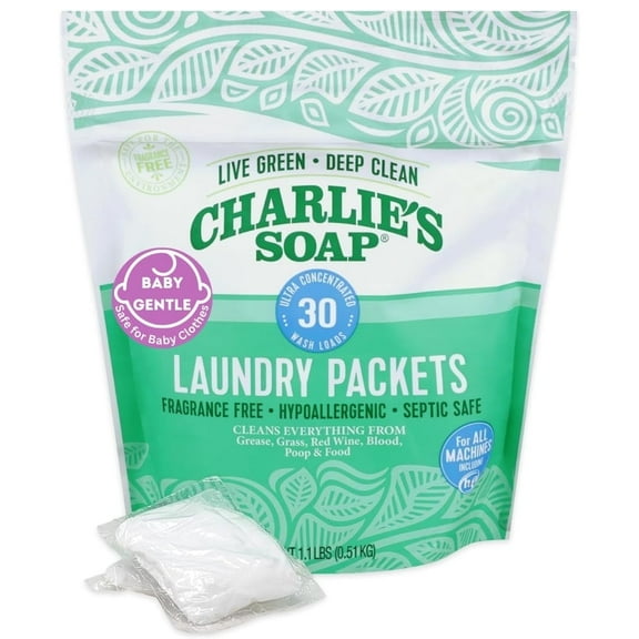 Charlie's Soap - Fragrance Free Laundry Packets Baby Gentle - 30 Count