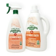 Charlies Soap, Kitchen & Bath Surface Cleaner Refill Kit Eco-Friendly Spray & Wipe Multi-Purpose Cleaner Safe for Sensitive Skin, 75 Fl Oz Refill & 32 Fl Oz Sprayer - 1 Pack