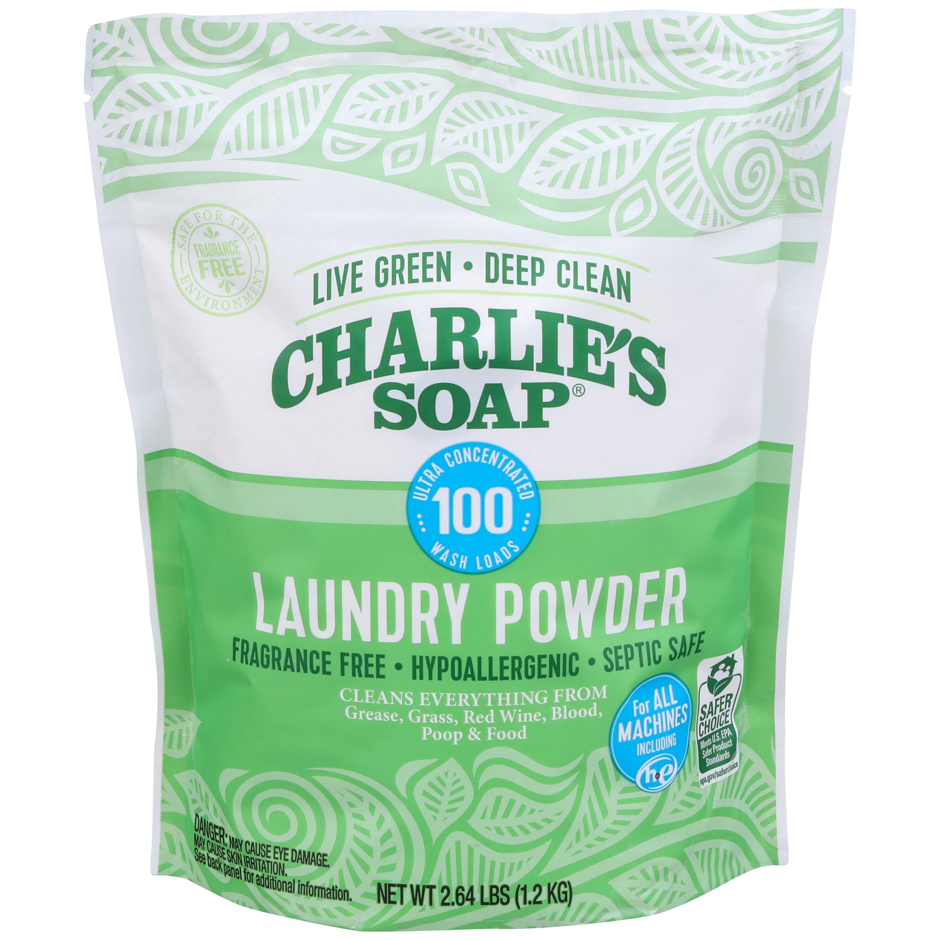 Charlie's Soap, Laundry Detergent Powder 100 Loads, Unscented, 2.6 lb -1 Pack