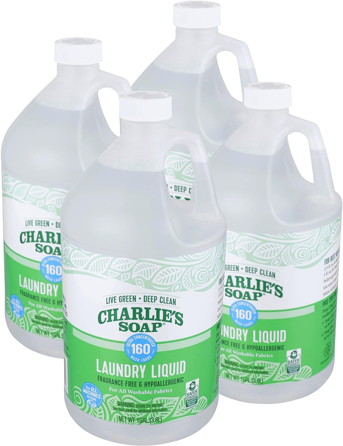Charlie’s Soap Laundry Liquid (160 Loads, 4 Pack) Natural Deep Cleaning