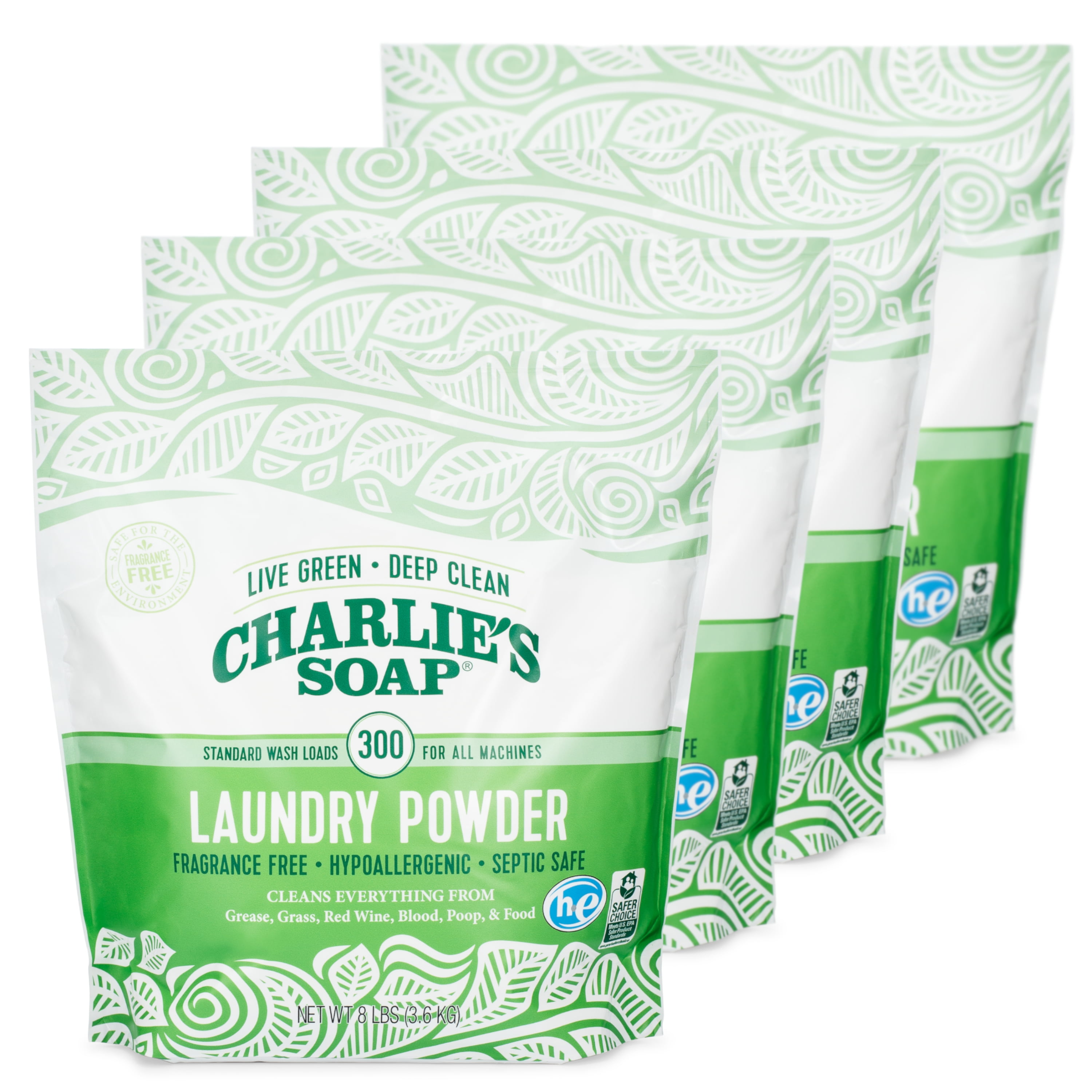 Charlies Soap, Laundry Powder 300 Loads, Fragrance Free, 8 lb , 4 Pack