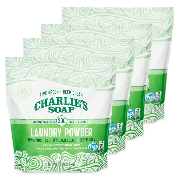 Charlie’s Soap, Laundry Powder 300 Loads, Fragrance Free, 8 lb , 4 Pack