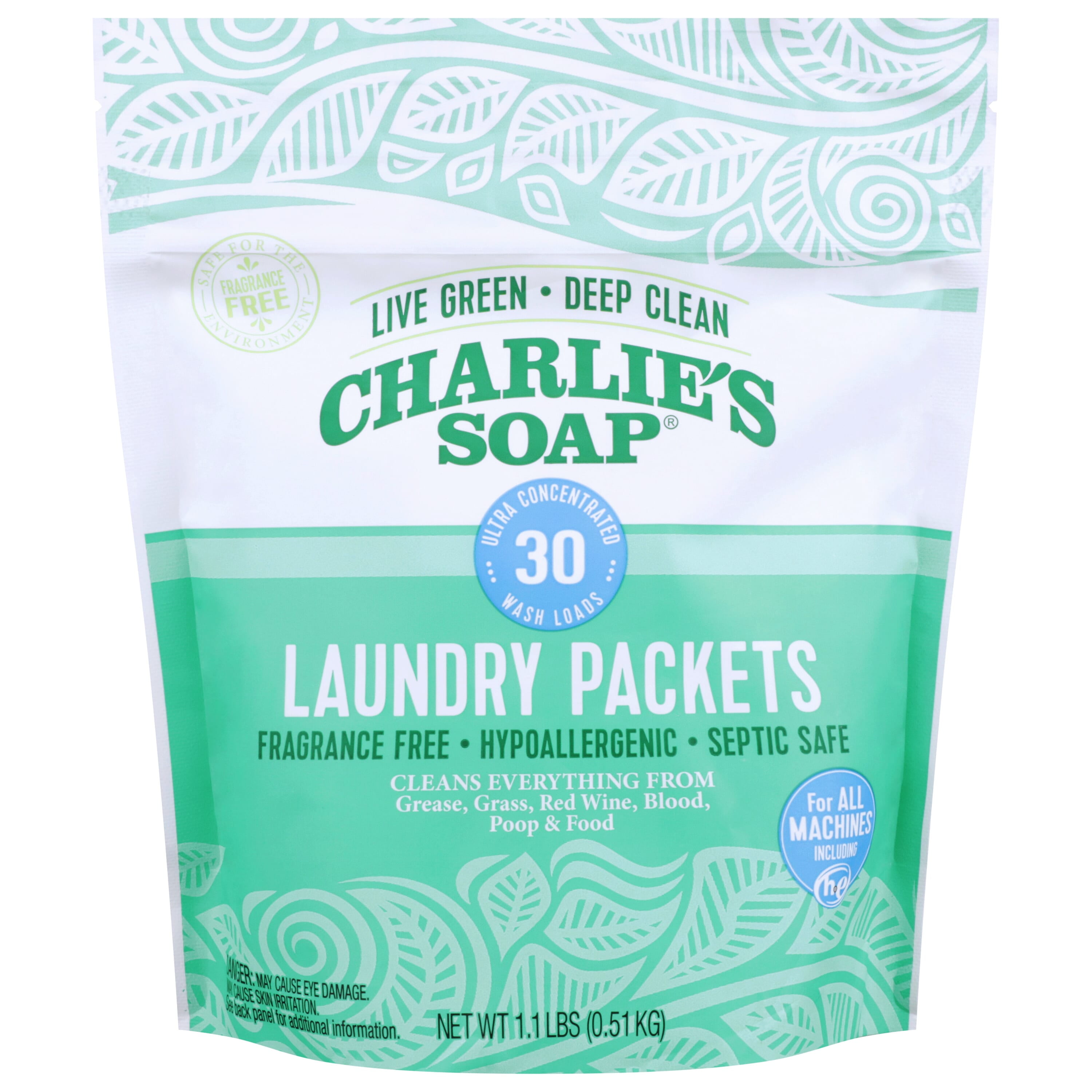 Charlie’s Soap, Powdered Laundry Detergent 30 Packets, Fragrance Free