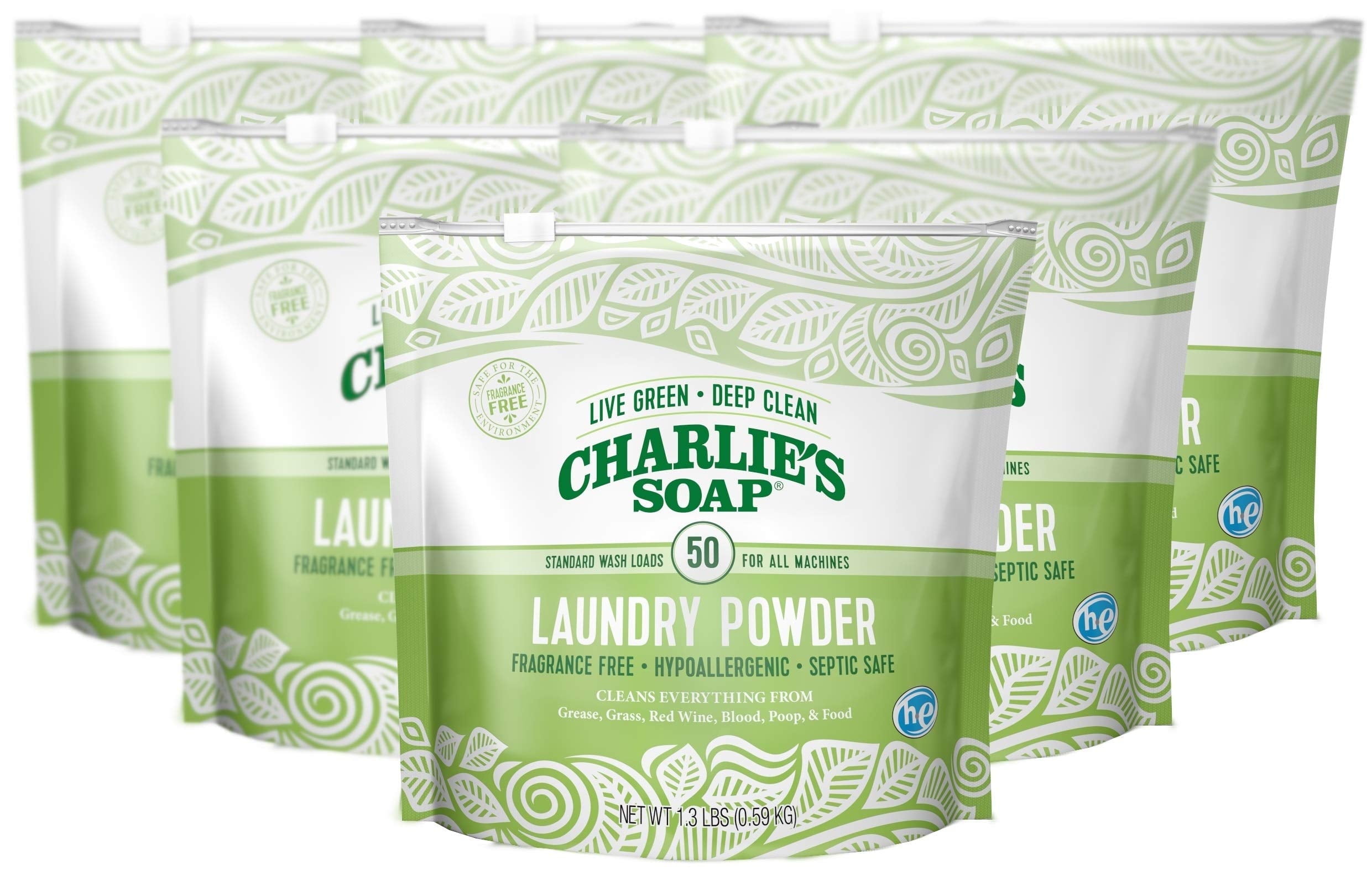 Charlie's Soap - Unscented Laundry Powder 50 Loads (Six 50-load Bags, 300 Total Loads)