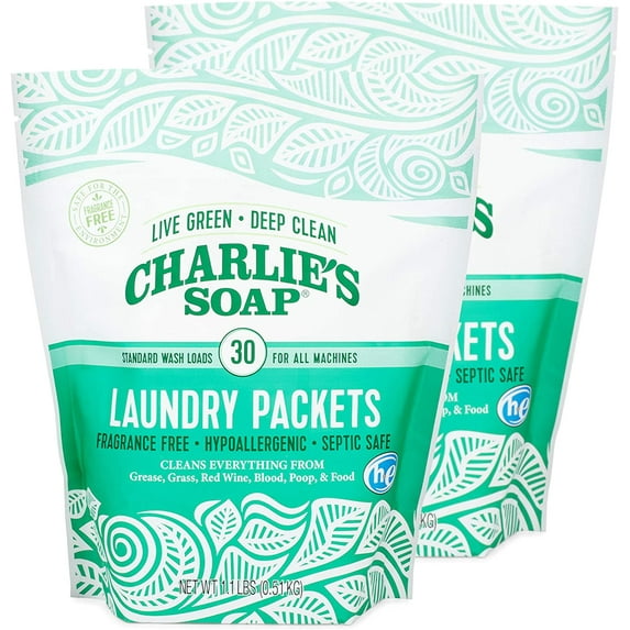 Charlie's Soap - Unscented Powdered Laundry Packets 30 Count (2 Pack 60 Total Loads)