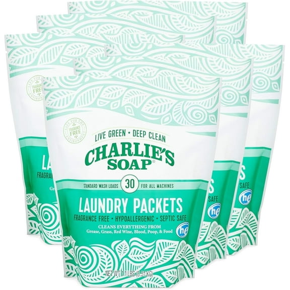 Charlie's Soap - Unscented Powdered Laundry Packets 30 Count (6 Pack 180 Total Loads)