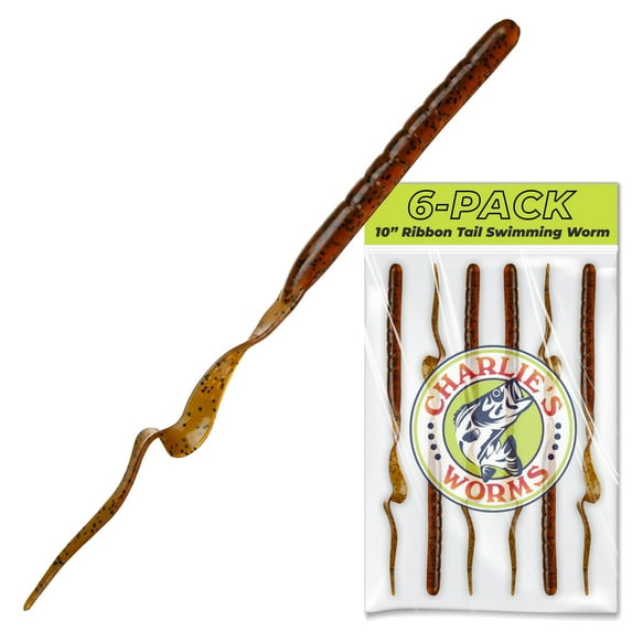 Charlie's Worms 10" Ribbon Tail Swimming Worm Artificial Fishing Bait Lures Freshwater Saltwater Bass Soft Lures Scented 6pk