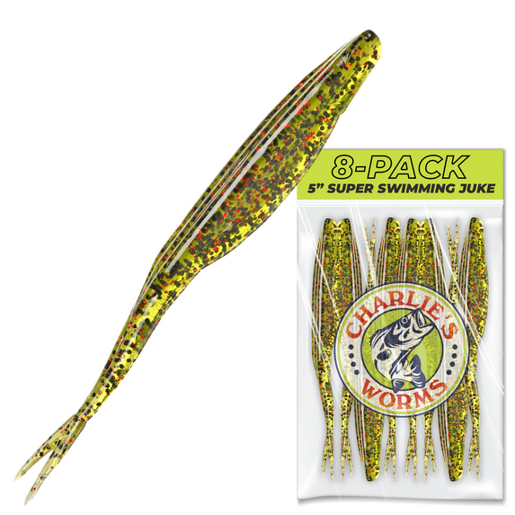 Charlie's Worms Super Swimming Juke - Artificial Fishing Soft Bait for Freshwater, Saltwater and Bass Fishing, Scented Lures, 8pk