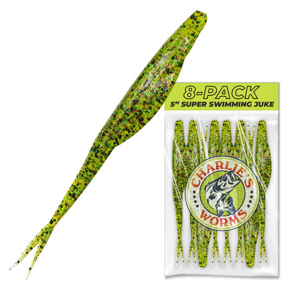 Charlie's Worms Super Swimming Juke - Artificial Fishing Soft Bait for Freshwater, Saltwater and Bass Fishing, Scented Lures, 8pk