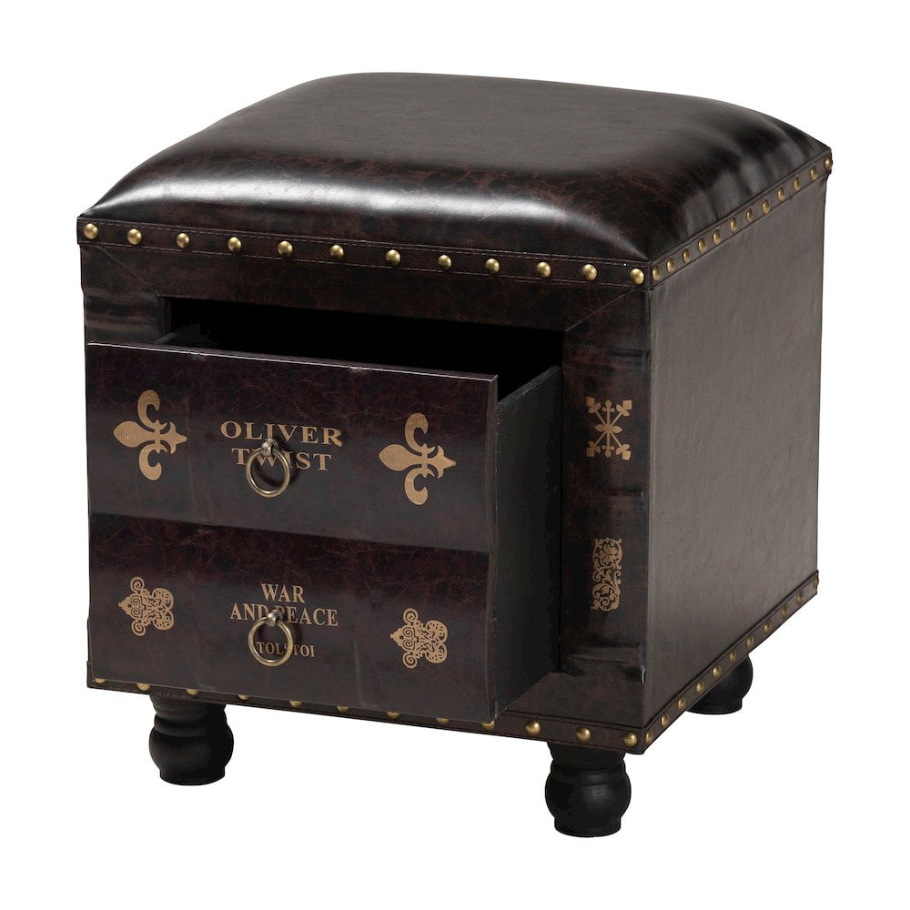 Charlier Rustic Dark Brown Faux Leather Storage Ottoman with Book Spine Drawer