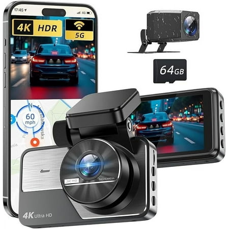 Charlore Dash Cam Front and Rear,4K+2K Full HD Dual Dash Camera for Cars,Built-in 5G WiFi,GPS,64GB Card,Car Camera with 3" IPS Screen,UHD 2160P Night Vision, HDR,G-Sensor, App Control.
