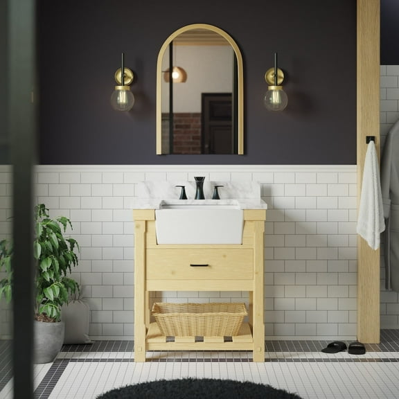 Charlotte 30" Farmhouse Bathroom Vanity with Driftwood Cabinet and Carrara Marble Top