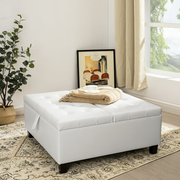 Charlotte 35 Inch Large Square Storage Ottoman Bench, Tufted Upholstered Lift Top Coffee Table Ottoman with Storage, Oversized Storage Ottomans, Toy Box, Air Leather Footrest for Living Room – White