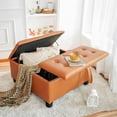 thumbnail image 1 of Charlotte 35 Inch Large Square Storage Ottoman Bench, Tufted Upholstered Lift Top Coffee Table Ottoman with Storage, Oversized Storage Ottomans, Toy Box, Air Leather Footrest for Living Room – Caramel, 1 of 15