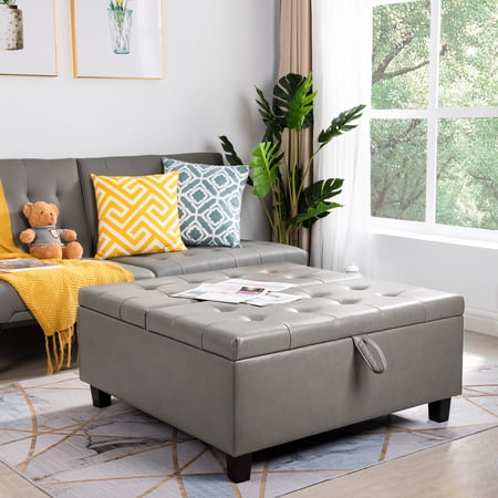 Charlotte 35 Inch Large Square Storage Ottoman Bench, Tufted Upholstered Lift Top Coffee Table Ottoman with Storage, Oversized Storage Ottomans, Toy Box, Air Leather Footrest for Living Room – Gray