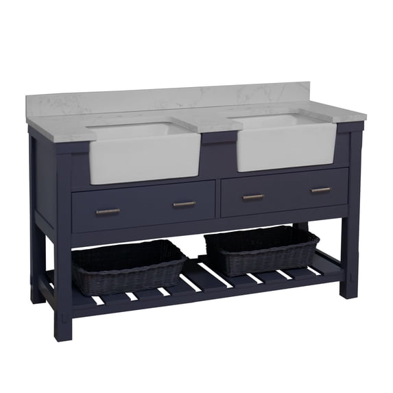 Charlotte 60" Double Farmhouse Bathroom Vanity with Marine Gray Cabinet and Engineered Carrara Top