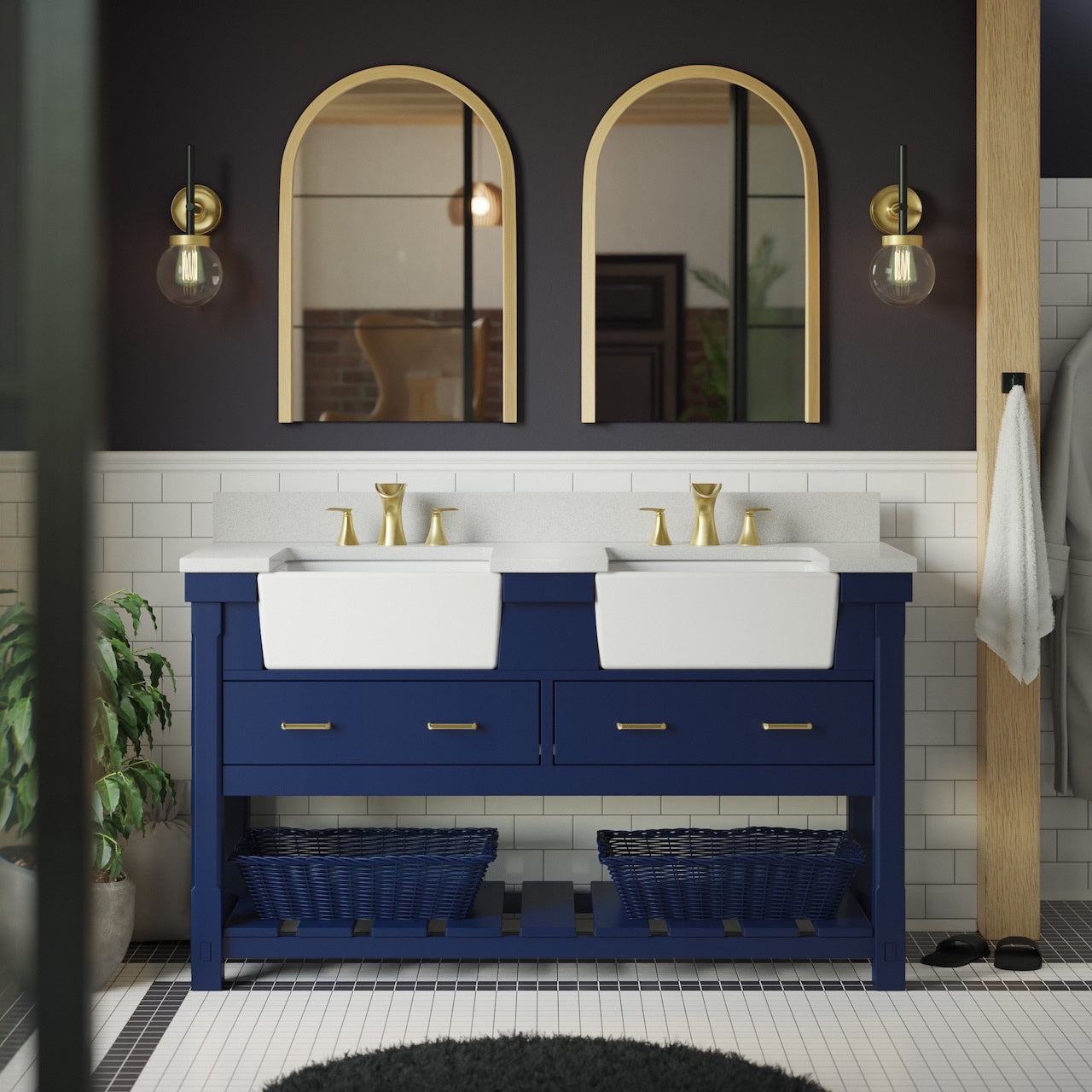 60in Deep Blue And Gold Dual Sink Bathroom Vanity