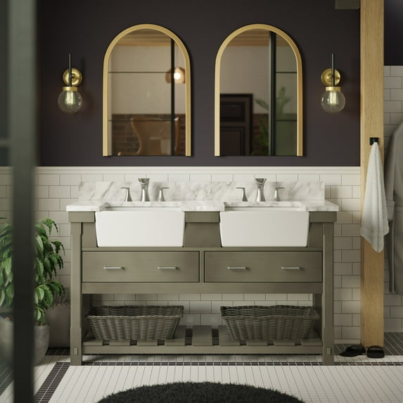 Charlotte 60" Double Farmhouse Bathroom Vanity with Weathered Gray Cabinet and Carrara Marble Top