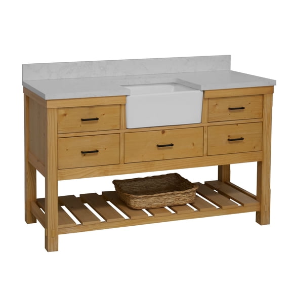 Charlotte 60" Single Farmhouse Bathroom Vanity with Driftwood Cabinet and Engineered Carrara Top