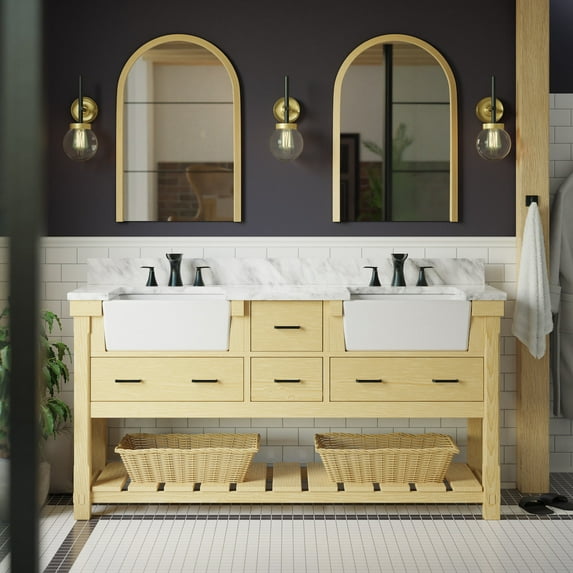 Charlotte 72" Double Bathroom Vanity with Driftwood Cabinet and Carrara Marble Top