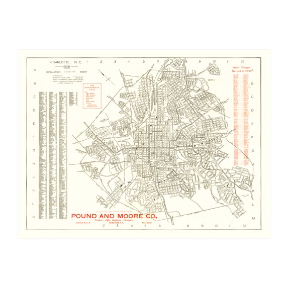 Charlotte Art, 1930 Vintage Map of Charlotte North Carolina, NC History Wall Decor Gift, Old Charlotte Map - 36" x 24" Unframed Print