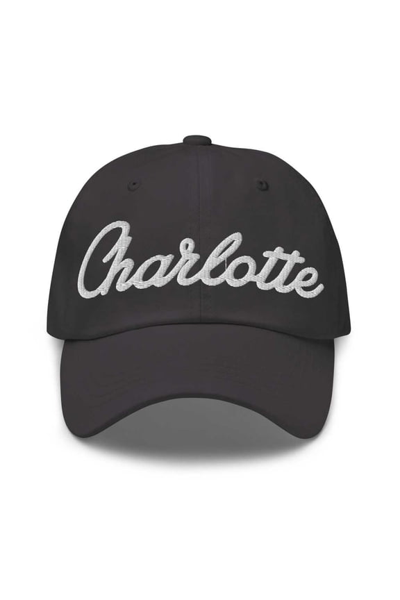 Charlotte Baseball Cap Charlotte Dad Hat Bold Script New York NY Hat Embroidered Souvenir Gift Dark Grey