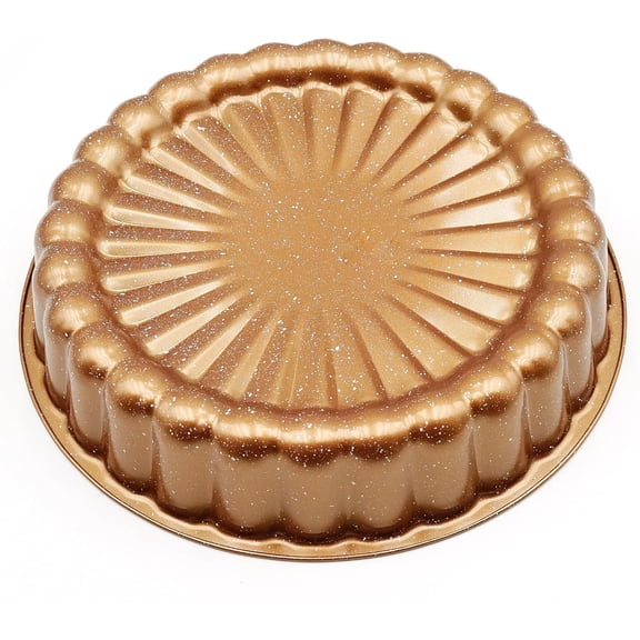 Charlotte Cake Pan 10 Inch Heavy Duty Carbon Steel Fluted Mold with Non-Stick Coating Professional Decorative Round Pan for Wedding, Birthday & Holiday Baking Gold Ripple