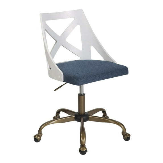 Charlotte Farmhouse Task Chair In Antique Copper Metal, White Textured Wood, And Blue Fabric