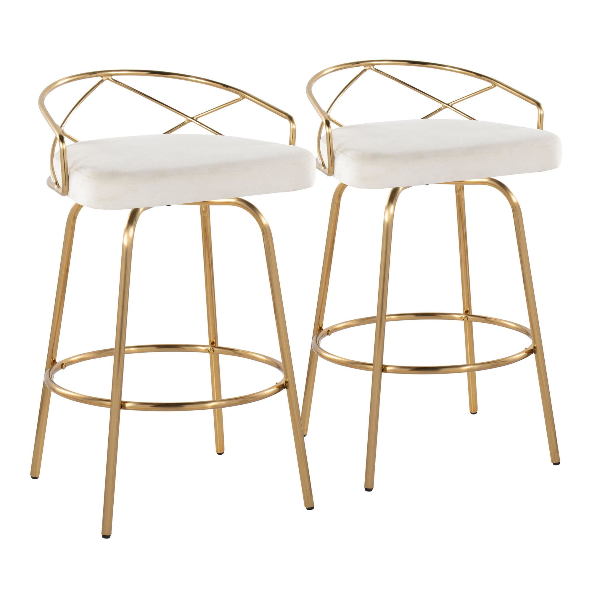 Charlotte 26" White Velvet and Gold Metal Swivel Counter Stool Set