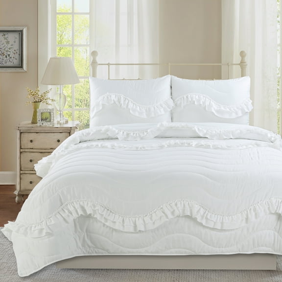 Charlotte Grand Ruffle 3-piece Quilt Set white King 102x86