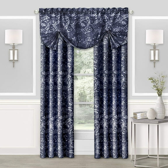 Charlotte Navy Blue Floral Modern Window Curtain Panel: 52" x 84", Rod Pocket Panel