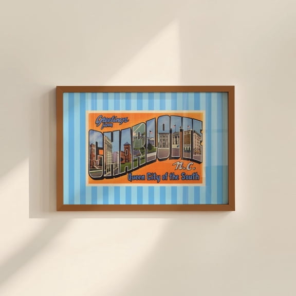 Charlotte Nc Art Print Vintage North Carolina Horizontal Blue Charlotte Travel Print Retro Artwork Trendy Dorm Wall Decor Home Decor #613, Unframed Canvas Size 24x36