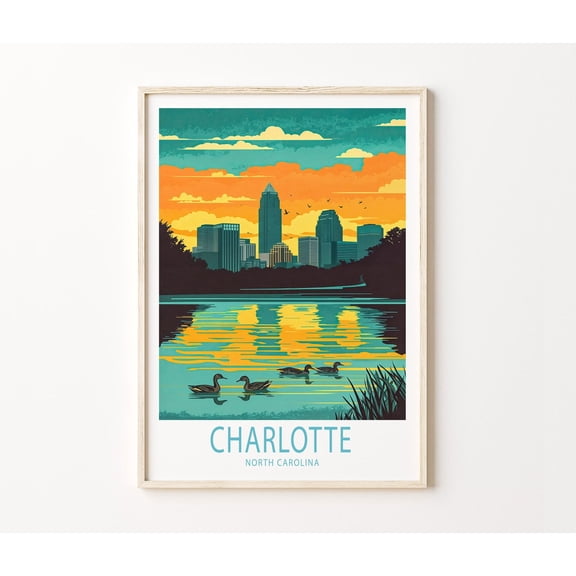 Charlotte North Carolina Queen City Skyline Urban Wall Art, Unframed Paper Poster 8x10in