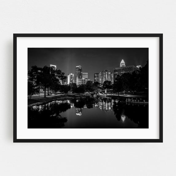 Charlotte Skyline & Marshall B&W - Charlotte North Carolina Photography Black and White Skyline City Nightlife Bridge Architecture Black Framed Wall Art Print 12 x 16 inches